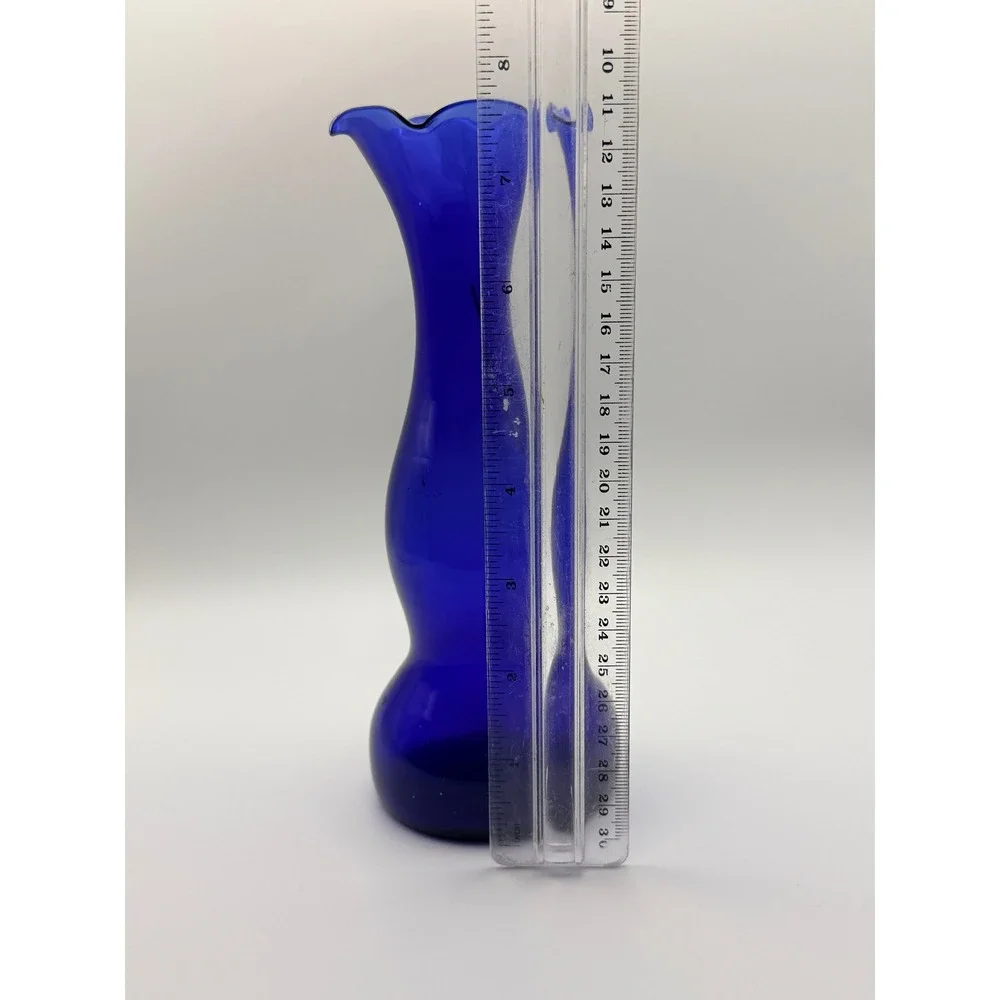 Vintage Cobalt Blue Glass Bud Vase Ruffled Rim Hourglass 8 inch Mid Century